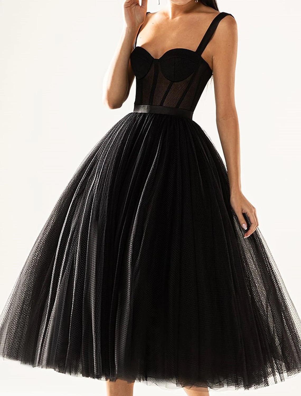 Abiti da cocktail a trapezio, abiti da festa, abiti da cocktail per la laurea, abiti da festa, lunghezza al ginocchio, senza maniche, senza spalline, in tulle con pieghe, stile Mercoledì Addams Family